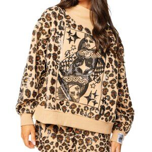 Queen of Sparkles Tan Leopard Print Card Logo Mock Neck Sweatshirt